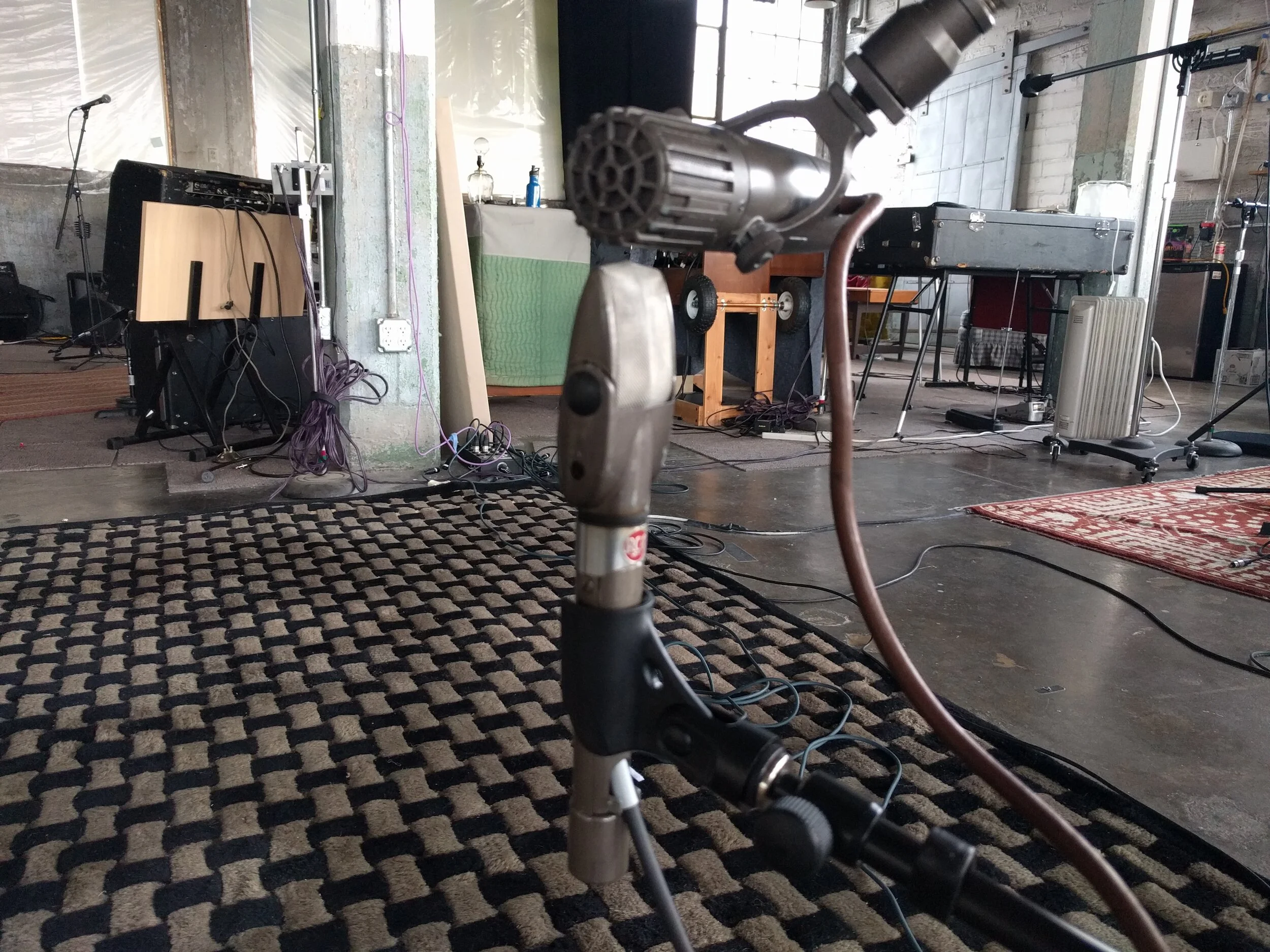  Vintage RCA ribbon microphones set up for mid-side.  The unidirectional BK-5B ribbon mic uses a labyrith behind the ribbon to create a cardiod pattern. The KB-2A ?Paintbrush? mic is small bidirectional ribbon.  